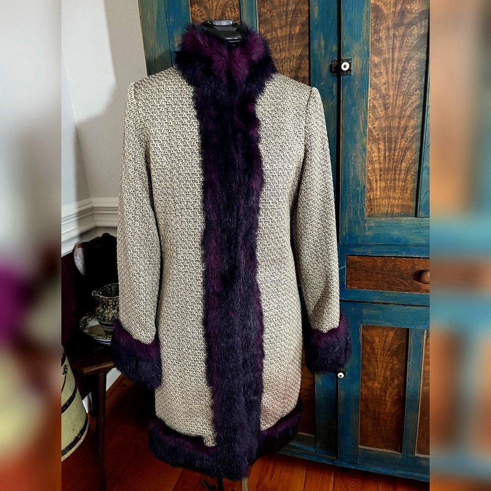 True Meaning BOHO Jacket Pea Coat Lined Tweed w/ Deep Purple Faux Fur